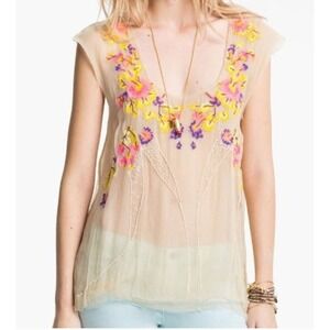 Free People Bohemian Blouse XS Sleeveless Top Floral Beaded‎ Boho Beachy Hippie